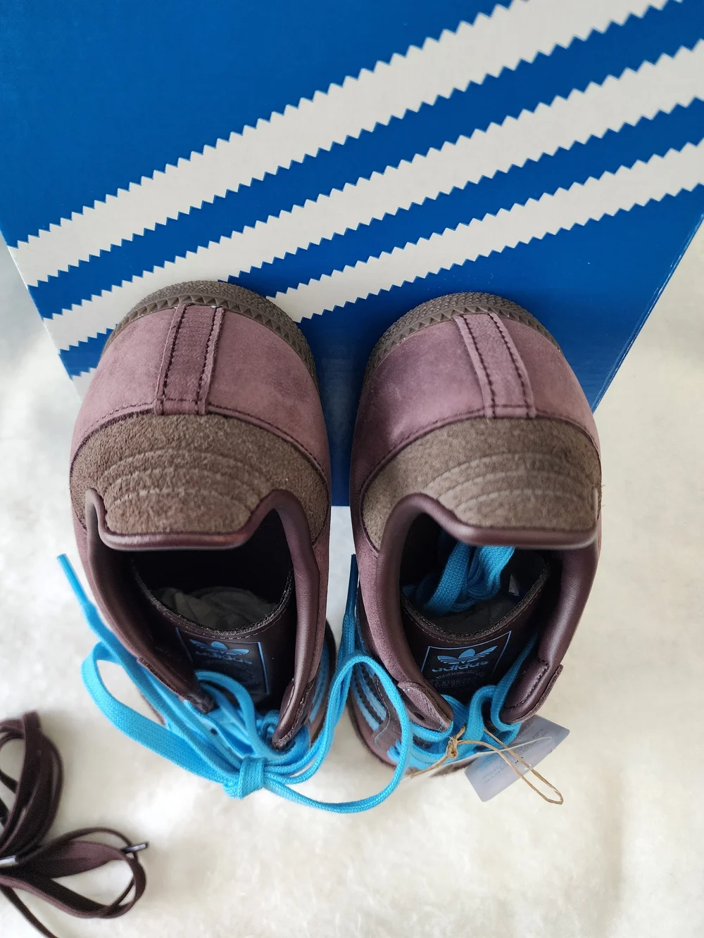 adidas Brown Suede Sneakers with Bright Blue Stripes and Laces - Picture 5 of 11